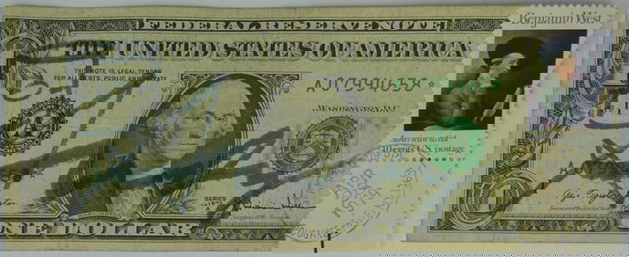 ANDY WARHOL SIGNED 1977 DOLLAR BILL w STAMP