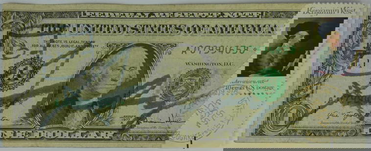 ANDY WARHOL SIGNED 1977 DOLLAR BILL w STAMP: "One Dollar Washington". Color engraving and letterpress with 1 US stamp with postmark. Signed in black markers with Campbell's Soup illustration. Measures 6" x 2 5/8".