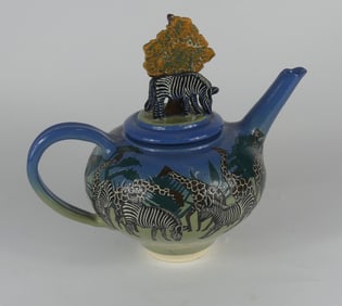 ARDMORE STYLE ZEBRA & GIRAFFE CERAMIC TEAPOT