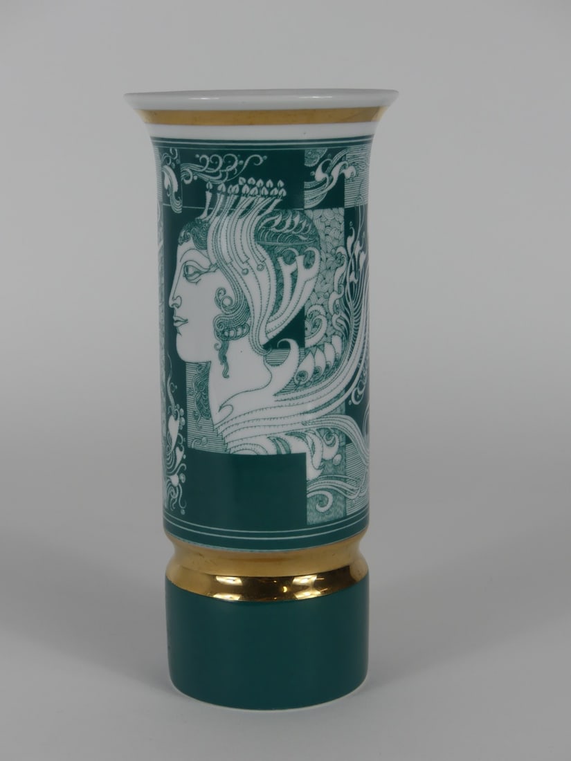 HOLLOHAZA HUNGARIAN PORCELAIN VASE: Hollohaza green and gold gilt Hungarian porcelain vase. Marked to underside. Measures 7 3/4" x 3 1/2" x 3 1/2".