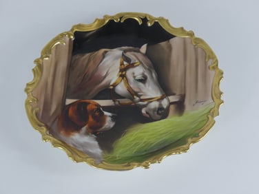LS & S LIMOGES PORCELAIN HORSE & DOG CHARGER