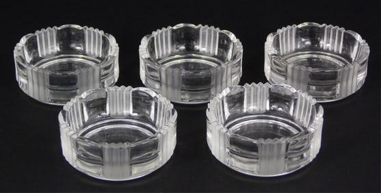 5pc ART DECO FROSTED CRYSTAL ASHTRAYS