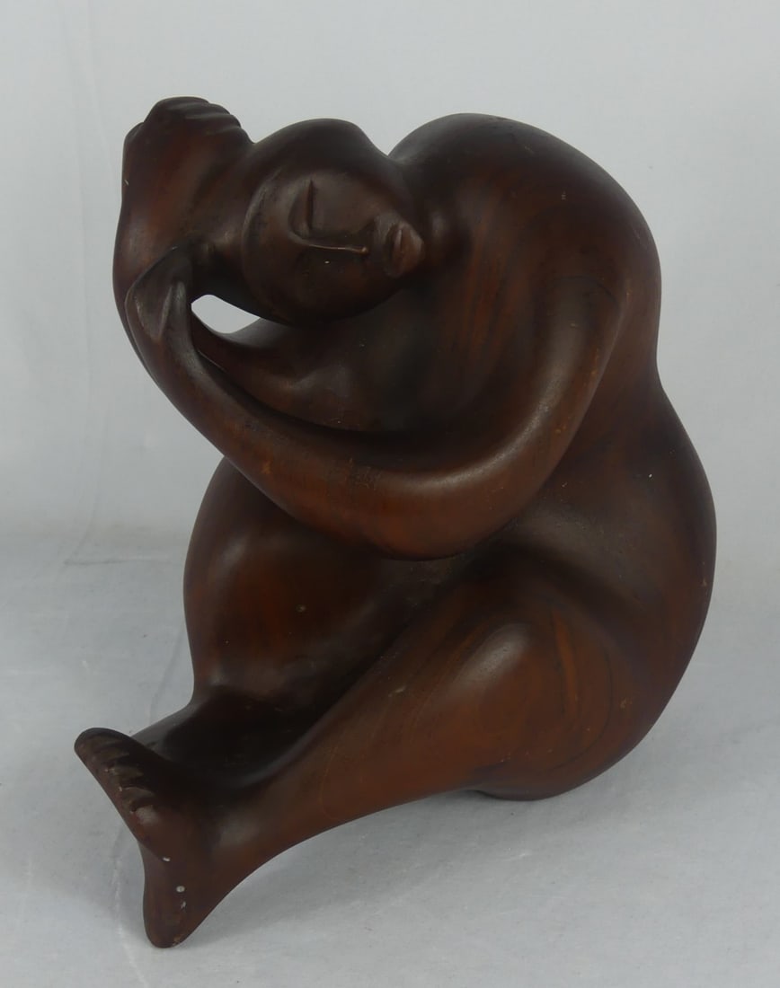 WOOD SCULPTURE OF SEATED FIGURE SIGNED: Carved wooden sculpture depicting a seated woman. Signed to underside. Possibly Harvey Buchalter. Measures 12" x 11 1/2" x 7".