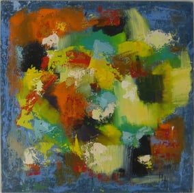 ABSTRACT OIL PAINTING ON BOARD SIGNED HH