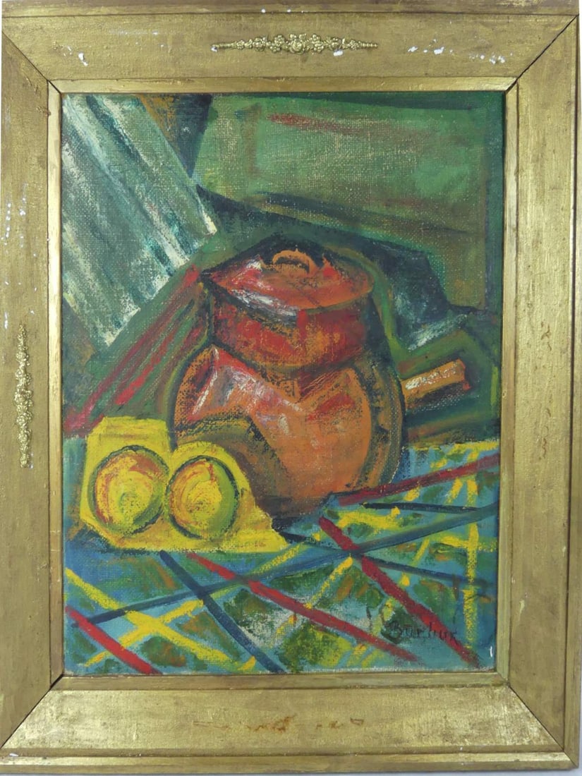 DAVID BURLIUK 'STILL LIFE WITH LEMONS' OIL CANVAS: Attributed to David Davidovich Burliuk oil painting on canvas depicting a still life with pottery and lemons. Signed lower right. Viewable measures 21 1/2" x 18". Frame measures 27 1/4" x 23 3/4".