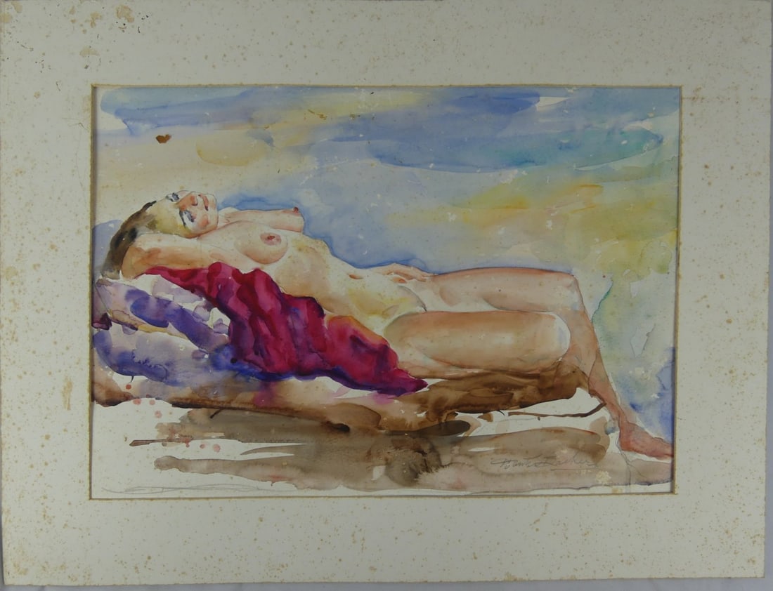 HUNTER BARKER 'RECLINING NUDE' WATERCOLOR: Hunter Barker (American, 1918 - 2010) watercolor on paper depicting a reclining nude sunbather. Signed lower right. Viewable measures 19" x 14". Mat measures 25" x 20".