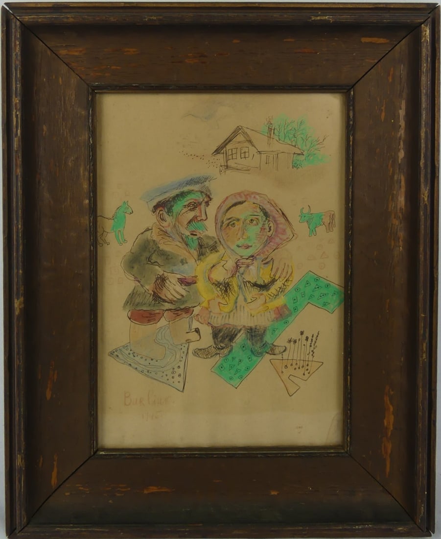 DAVID BURLIUK INK & WATERCOLOR ON PAPER: David Davidovich Burliuk (Russian/Ukranian/Anerican, 1882-1967) ink and watercolor painting on paper depicting two figures. Signed and dated 1945 lower left. Viewable measures 10 1/4" x 6 3/4". Frame