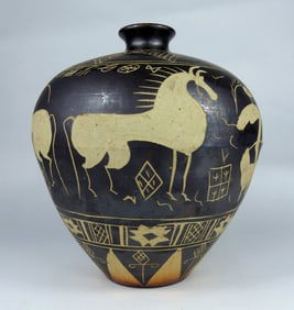 GREEK GLAZED POTTERY VASE w HORSES & GEOMETRIC