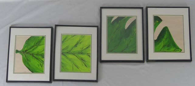 4pc LEAF PAINTINGS ON PAPER
