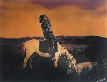 EDWARD CURTIS 'CHIEF REDHAWK' GOLDTONE GLASS PRINT