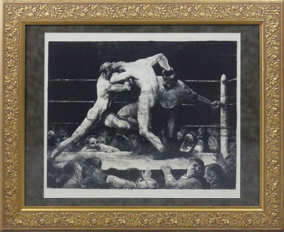 GEORGE BELLOWS 'A STAG AT SHARKEY'S': George Bellows 'A Stag at Sharkey's' print on wove paper. Signed, titled and numbered in the plate. Viewable measures 24 3/4" x 20 1/4". Frame measures 36" x 28 3/4".
