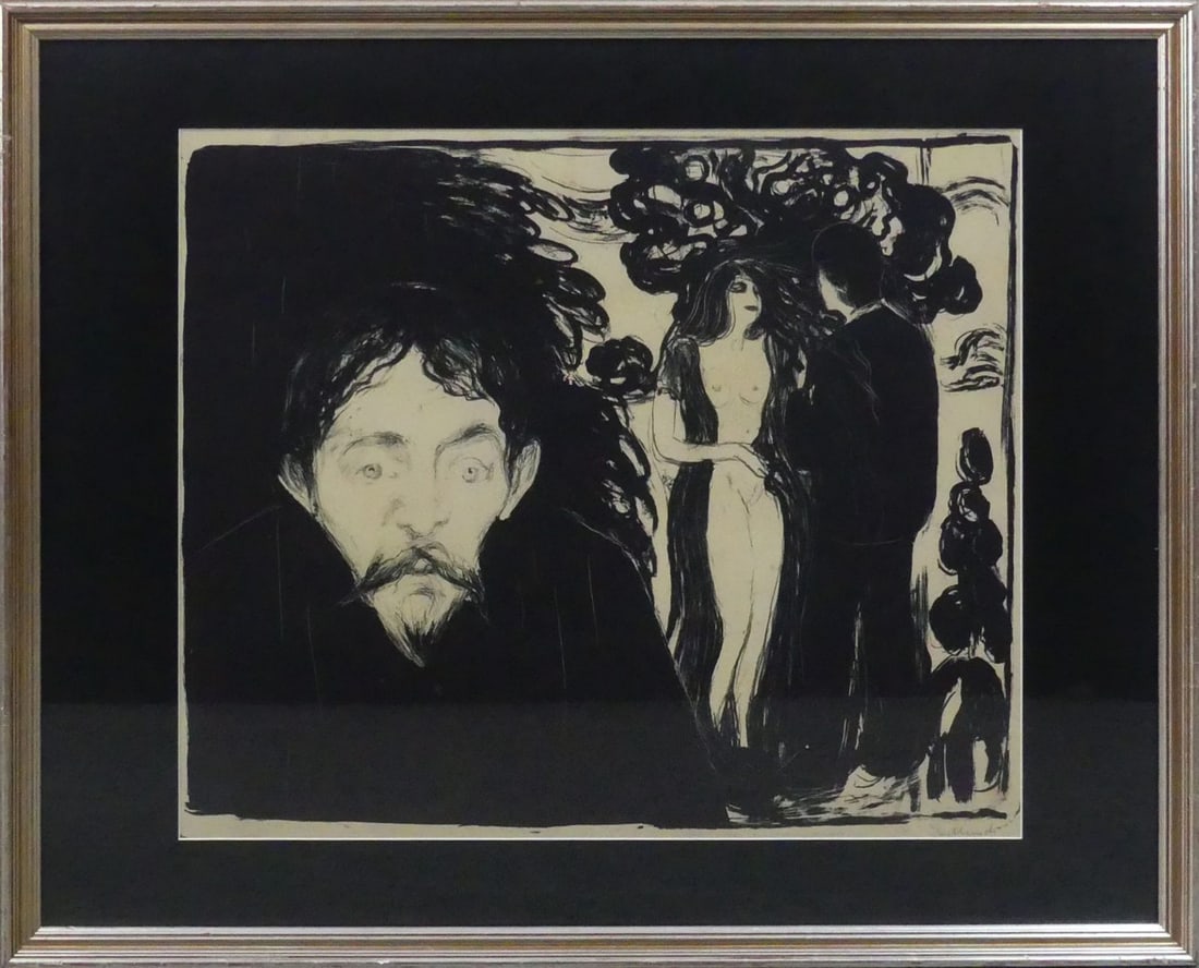 EDVARD MUNCH 'EIFERSUCHT II (JEALOUSY II)': Edvard Munch 'Eifersuch II (Jealousy II)' print on wove paper. Signed in the plate lower right. Viewable measures 25 1/4" x 21 1/4". Frame measures 36 1/4" x 29 1/4".