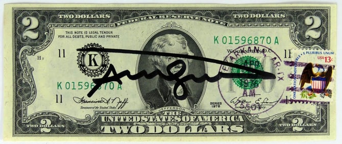 ANDY WARHOL SIGNED 1976 TWO DOLLAR BILL w STAMP