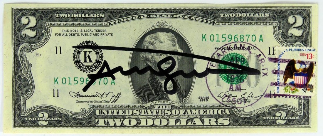ANDY WARHOL SIGNED 1976 TWO DOLLAR BILL w STAMP (1 of 4)