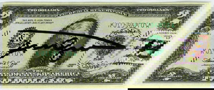ANDY WARHOL SIGNED 1976 TWO DOLLAR BILL w STAMP: Andy Warhol signed Two Dollar Bill with U.S. Postage stamp and postmark. Measures 6 1/8" x 2 5/8".