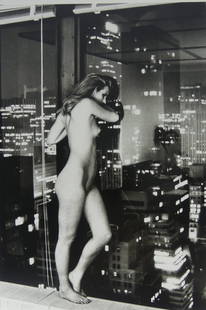 HELMUT NEWTON 'PATTI HANSEN OVER MANHATTAN': Helmut Newton 'Patti Hansen over Manhattan' photo-lithograph. Mounted to cardstock. Measures 14" x 9 1/4".