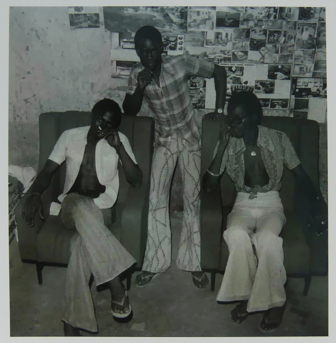 MALICK SIDIBE 'THREE MEN' PHOTO: Malick Sidibe glossy photo print depicting three men after a busy evening. Mounted to cardstock. Measures 8" x 8".