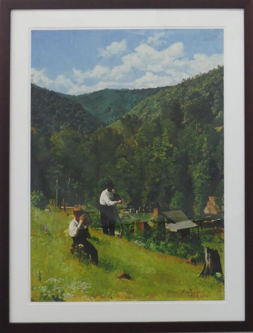 THOMAS ANSHUTZ 'THE FARMER & HIS SON HARVESTING': Thomas Anshutz 'The Farmer and His Son Harvesting' print in colors. Signed and dated 1877 in the plate lower right. Viewable measures 34 1/2" x 24 3/4". Frame measures 41 3/4" x 32".