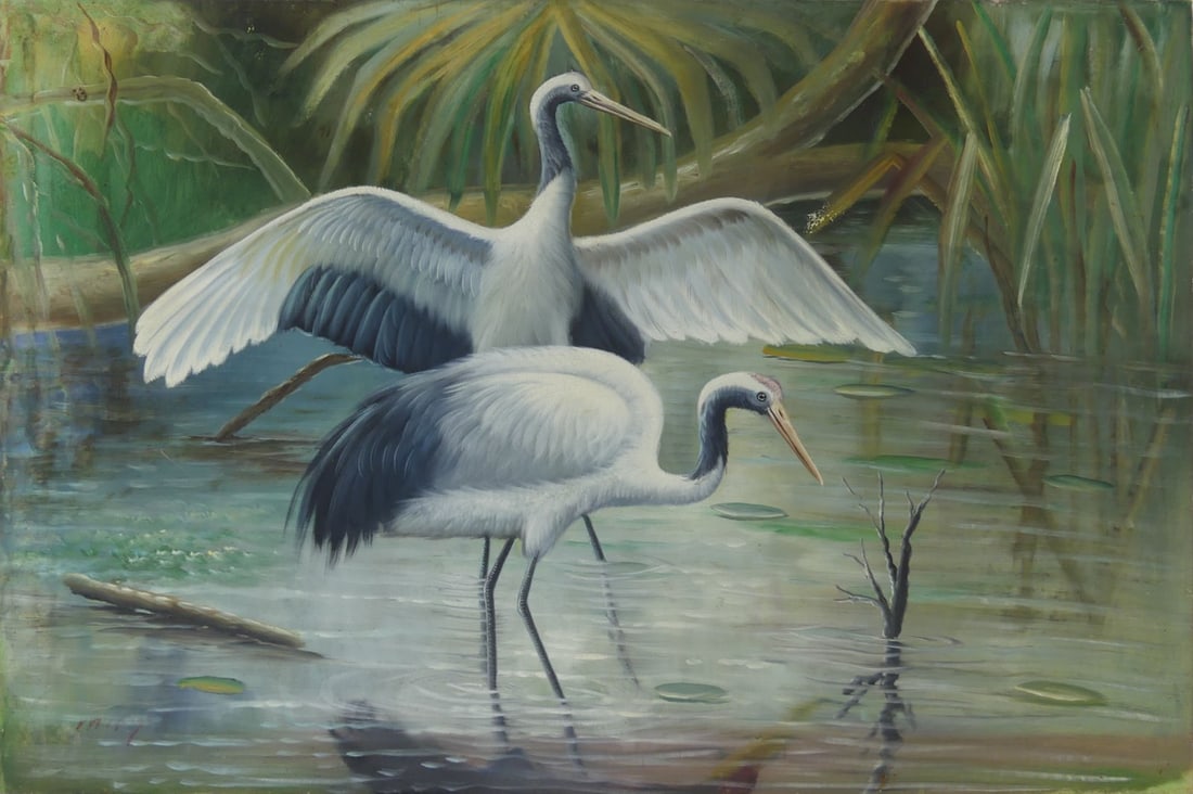 CRANES OIL PAINTING ON CANVAS SIGNED: Oil painting on canvas depicting two cranes. Signed illegibly lower left. Measures 36" x 24".
