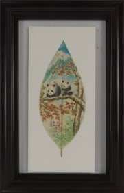 CHINESE BANYAN LEAF PAINTING OF PANDAS