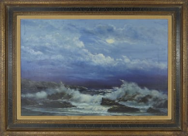 MOONLIT SEASCAPE OIL PAINTING ON CANVAS SIGNED
