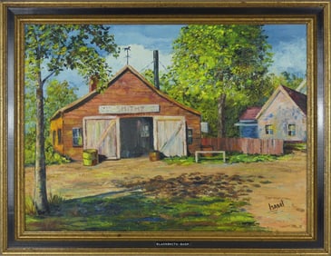 BLACKSMITH SHOP OIL PAINTING ON BOARD SIGNED