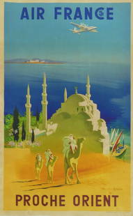 AIR FRANCE PROCHE ORIENT TRAVEL POSTER: Air France - Proche Orient Travel Poster by Jean Even. Signed in the plate lower right. Marked to lower edge. Print date unknown. Sheet measures 38 7/8" x 24".