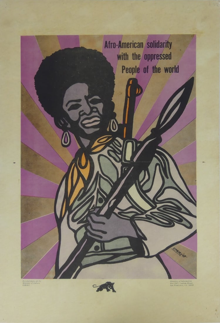 EMORY DOUGLAS 'AFRO-AMERICAN SOLIDARITY' POSTER: Emory Douglas Black Panthers 'Afro-American Solidarity with the Oppressed People of the World'. Depicts an African-American female holding a spear, with a rifle slung across her back. Mounted. Print d