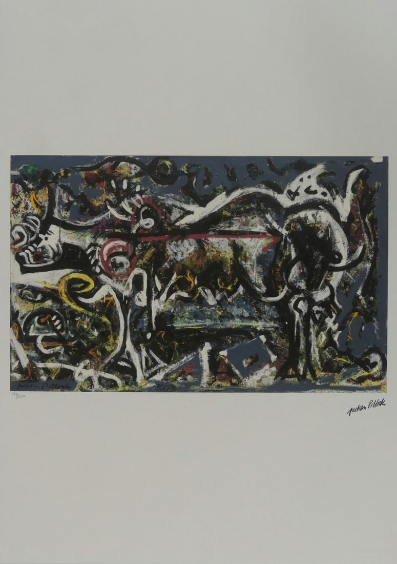 JACKSON POLLOCK 'THE SHE-WOLF' LITHOGRAPH: Jackson Pollock 'The She-Wolf' lithograph. Signed in the plate and holds Arti Grafiche Roma blindstamp lower right. Numbered in pencil 130/300 and holds SPADEM Paris blindstamp lower left. Sheet measu