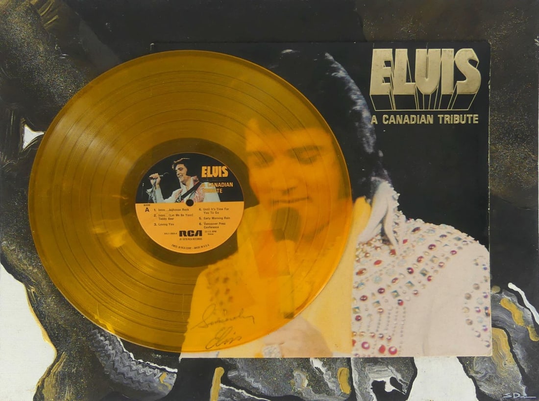 ELVIS 'A CANADIAN TRIBUTE' YELLOW VINYL: Elvis Presley 'A Canadian Tribute' yellow translucent vinly record album mounted to painted canvas board. Board measures 20" x 16".