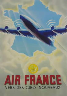 AIR FRANCE VERS DES CIELS NOUVEAUX POSTER: Air France Vers des Ciels Nouveaux Poster. Printed later. Mounted to canvas. Measures 30 5/8" x 21 5/8".