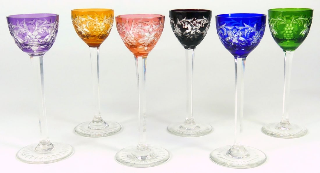 6pc BOHEMIAN CUT TO CLEAR GLASS CORDIALS (1 of 6)