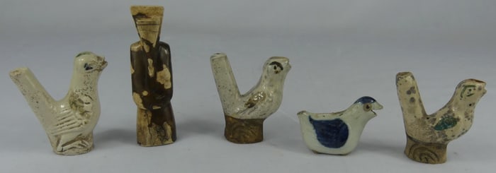 5pc CHINESE PORCELAIN BIRD WHISTLES & FIGURE