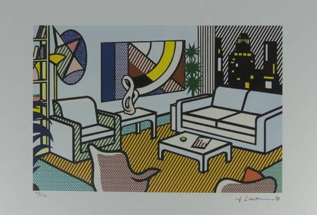 ROY LICHTENSTEIN 'INTERIOR w SKYLINE' LITHOGRAP: Roy Lichtenstein 'Interior with Skyline' lithograph. Signed in the plate lower right. Numbered 92/150 in pencil lower left. Sheet measures 19 3/4" x 13 3/4".