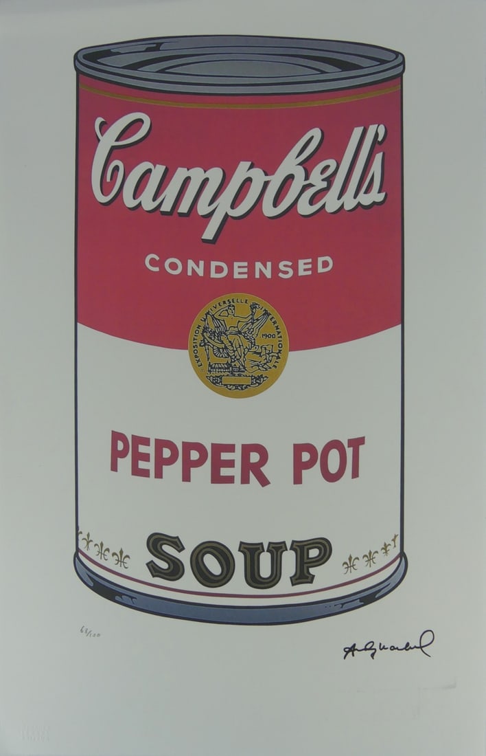 ANDY WARHOL 'PEPPER POT SOUP' LITHOGRAPH: Andy Warhol 'Pepper Pot Soup' lithograph. Signed in the plate lower right. Numbered 68/100 lower left. Holds Georges Israel blindstamp lower left. Sheet measures 22 1/2" x 15".