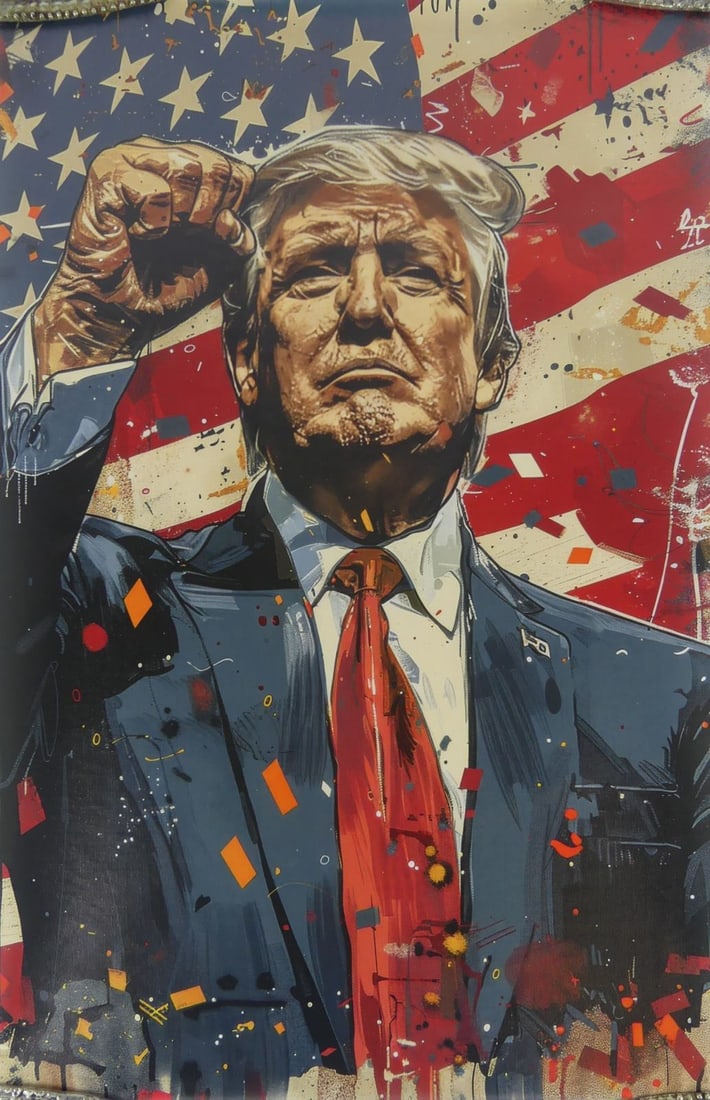 DONALD TRUMP FIST PUMP GICLEE: Donald Trump pop art giclee on canvas depicting President Trump with raised fist. Measures 23 1/2" x 15 1/2".