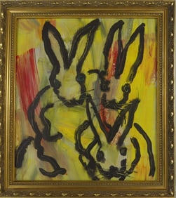 HUNT SLONEM 'BUNNIES' OIL PAINTING ON BOARD