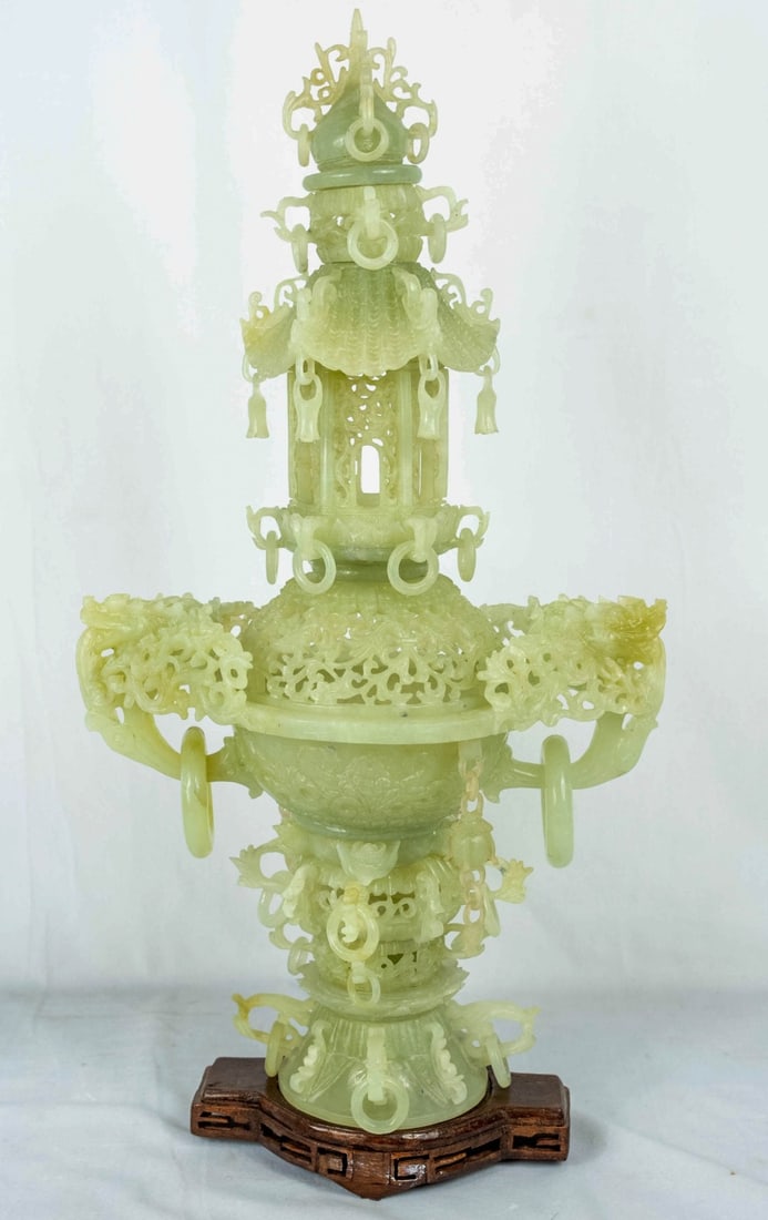 CHINESE CARVED JADE PAGODA CENSER (1 of 5)