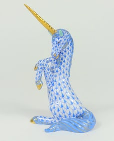 HEREND 'UNICORN' BLUE FISHNET PORCELAIN FIGURINE