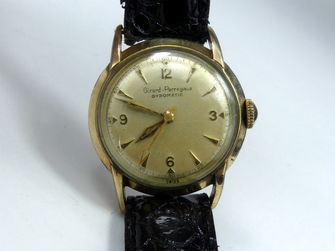 GERARD-PERREGAUX GYROMATIC AUTOMATIC WRISTWATCH: Gerard Perregaux Gyromatic automatic men's wrist watch; gold filled. Case measures approx 29mm; lug to lug 38mm; overall length 9 1/2".