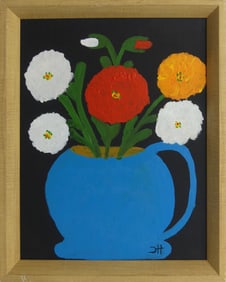 CLEMENTINE HUNTER 'ZINNIAS' OIL PAINTING
