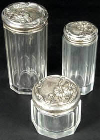 3pc ART NOUVEAU STERLING SILVER & CRYSTAL JARS