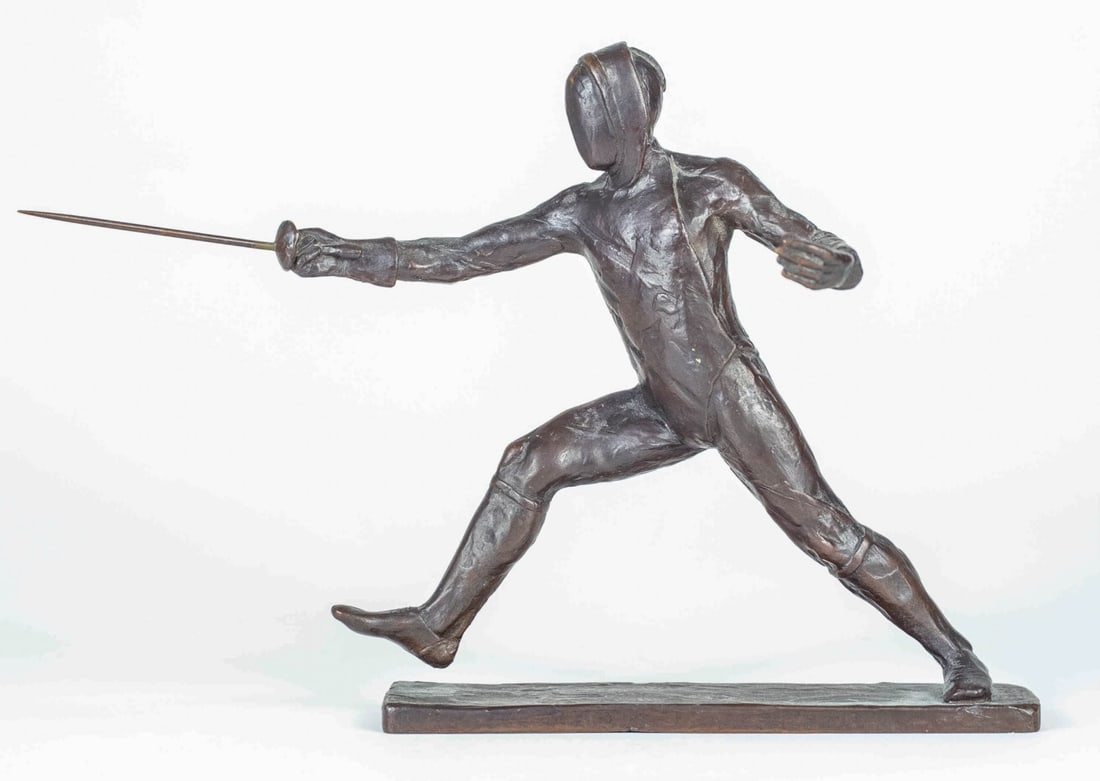 STERRETT GIDDINGS KELSEY 'FENCER' BRONZE SCULPTURE: Sterrett Giddings Kelsey bronze sculpture in the form of a fencer. Signed and dated 1976 to base. Measures 11 1/4" x 8" x 3 1/4".