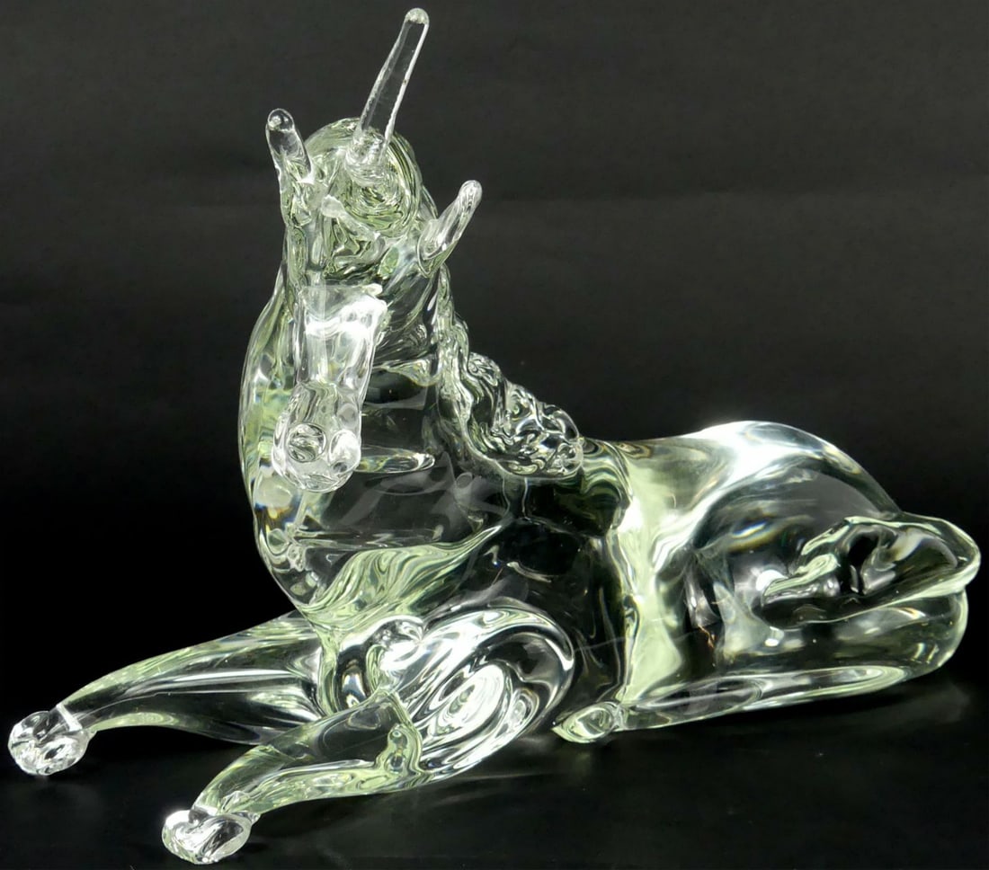 GINO CENEDESE MURANO ART GLASS UNICORN SCULPTURE: Gino Cenedese Murano art glass "Unicorn" sculpture. Signed, dated and marked Murano to underside. Measures 13" l x 9" h x 6 1/2" d.