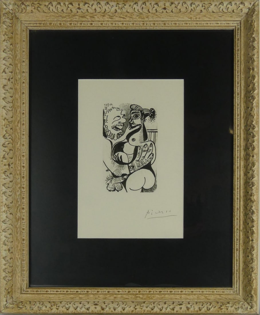 PABLO PICASSO '29.9.64.IV' SIGNED LITHOGRAPH: Pablo Picasso lithograph depicting an erotic scene from Le Gout du Bonheur portfolio. Pencil signed lower right. Viewable measures 12" x 8". Frame measures 23 1/4" x 19 1/4" x 1 1/2".