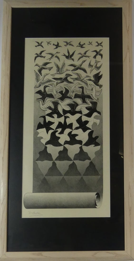 M.C. ESCHER 'LIBERATION' LITHOGRAPH: M.C. Escher 'Liberation' lithograph. Pencil signed lower right. Circa 1970. Viewable measures 27 1/2" x 12 3/4". Frame measures 40 1/2" x 20 1/8" x 1".