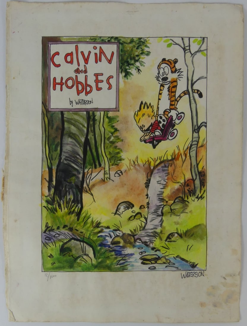 BILL WATTERSON 'CALVIN & HOBBES' MIXED MEDIA: After Bill Watterson 'Calvin and Hobbes' ink and watercolor on paper. Signed lower right. Numbered in pencil 12/1000 lower left. Sheet measures 14" x 10 1/4".