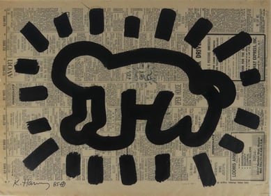 KEITH HARING 'RADIANT BABY' ACRYLIC ON NEWSPAPER