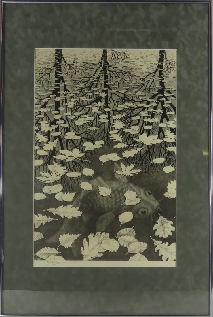 M.C. ESCHER 'THREE WORLDS' LITHOGRAPH: M.C. Escher 'Three Worlds' lithograph. Pencil signed lower left. Viewable measures 22 1/2" x 14 1/2". Frame measures 33" x 22" x 1".