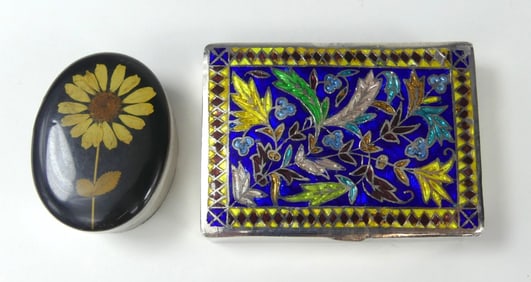 2pc STERLING SILVER & ENAMEL SNUFF / PILL BOXES
